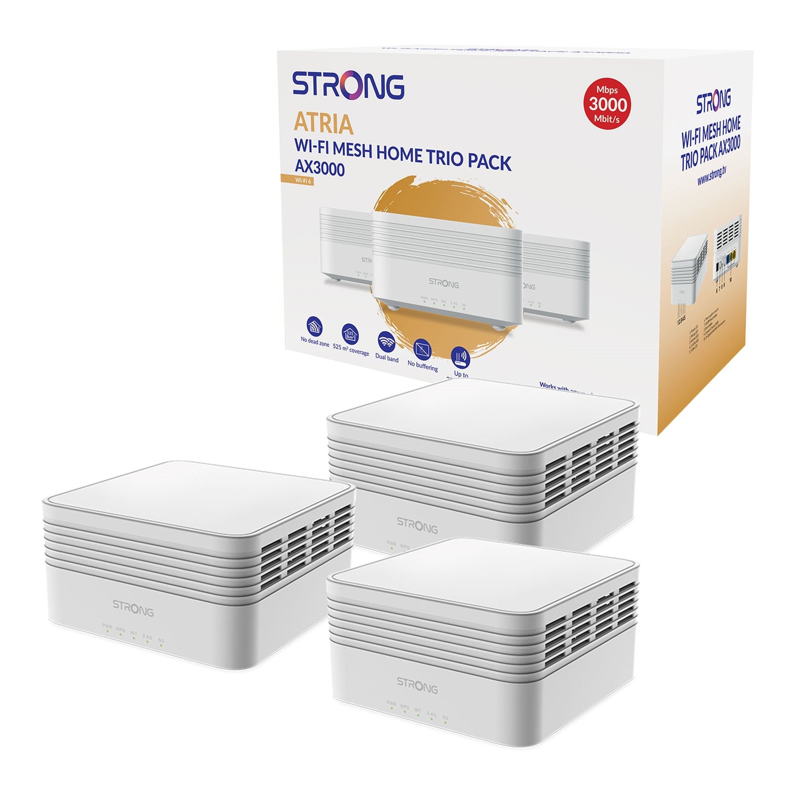 Strong MESHTRIAX3000UK AX3000 WiFi 6 Mesh System 3-Pack - 5000sqft Strong MESHTRIAX3000UK AX3000 WiFi 6 Mesh System 3-Pack - 5000sqft